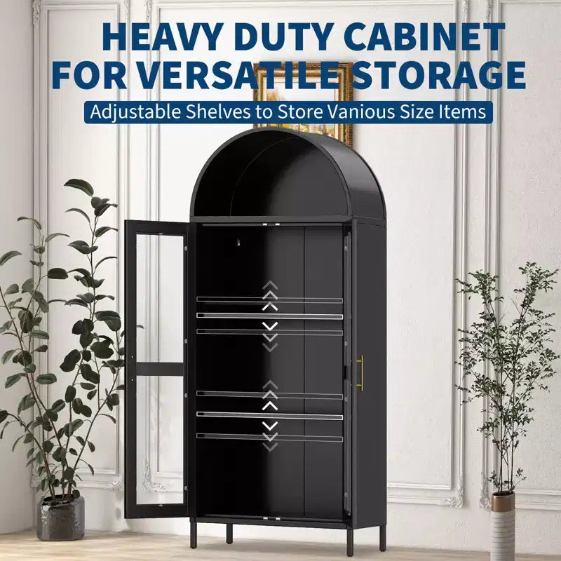 73" Meuble de rangement arqué en métal avec portes vitrées – Noir / Blanc, Simple