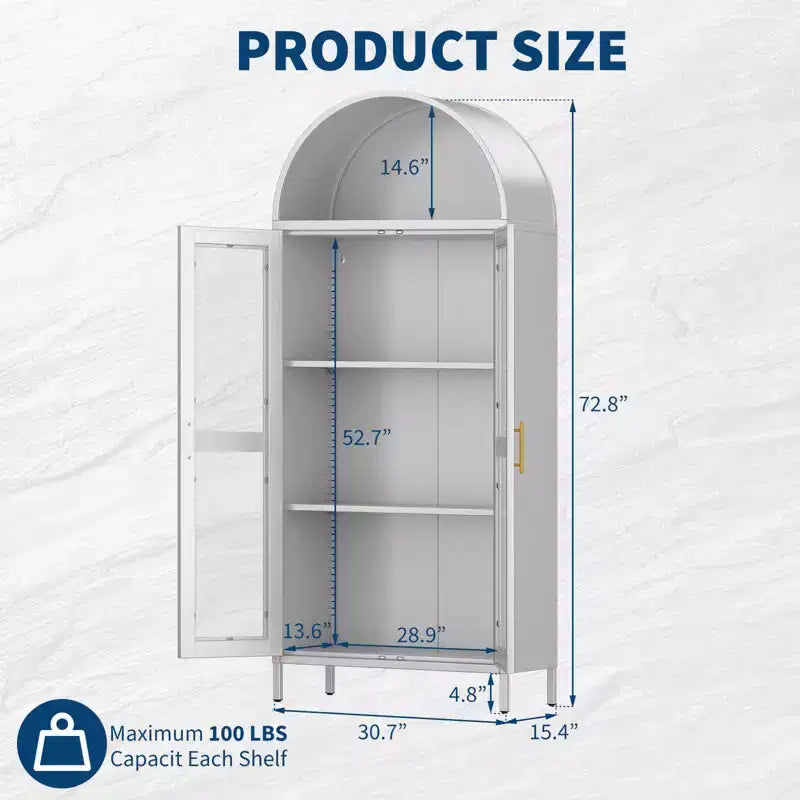 73" Meuble de rangement arqué en métal avec portes vitrées – Noir / Blanc, Simple