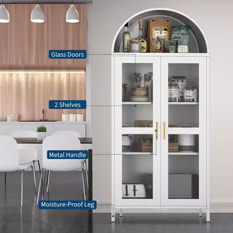 73" Meuble de rangement arqué en métal avec portes vitrées – Noir / Blanc, Simple