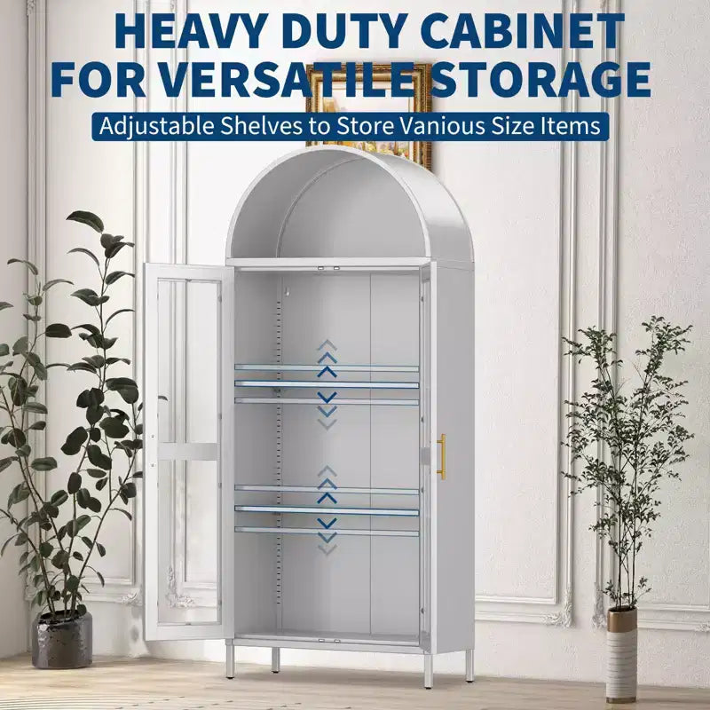 73" Meuble de rangement arqué en métal avec portes vitrées – Noir / Blanc, Simple