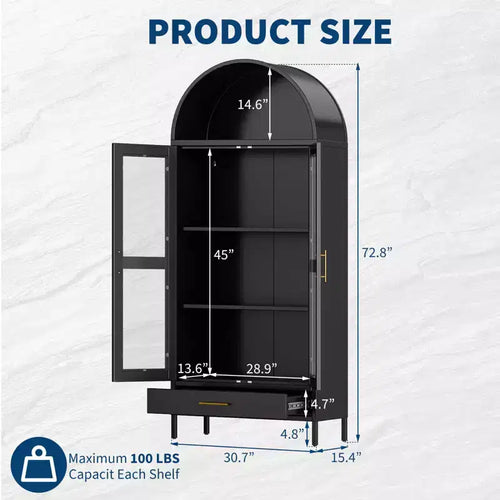 73" Meuble de rangement arqué en métal avec portes vitrées – Noir / Blanc, Simple