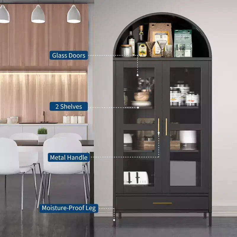 73" Meuble de rangement arqué en métal avec portes vitrées – Noir / Blanc, Simple