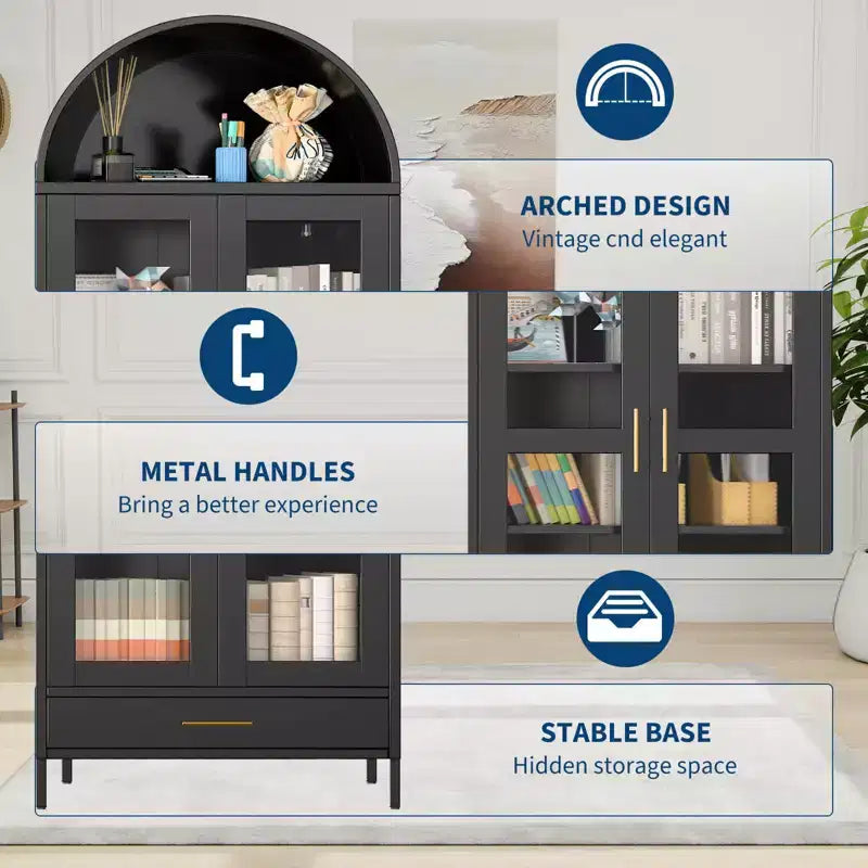 73" Meuble de rangement arqué en métal avec portes vitrées – Noir / Blanc, Simple