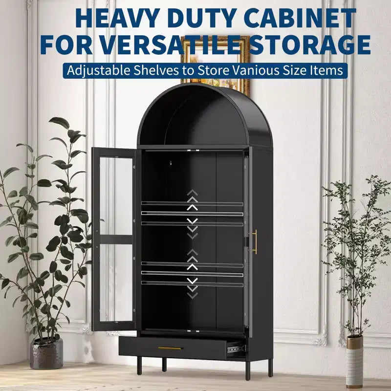73" Meuble de rangement arqué en métal avec portes vitrées – Noir / Blanc, Simple
