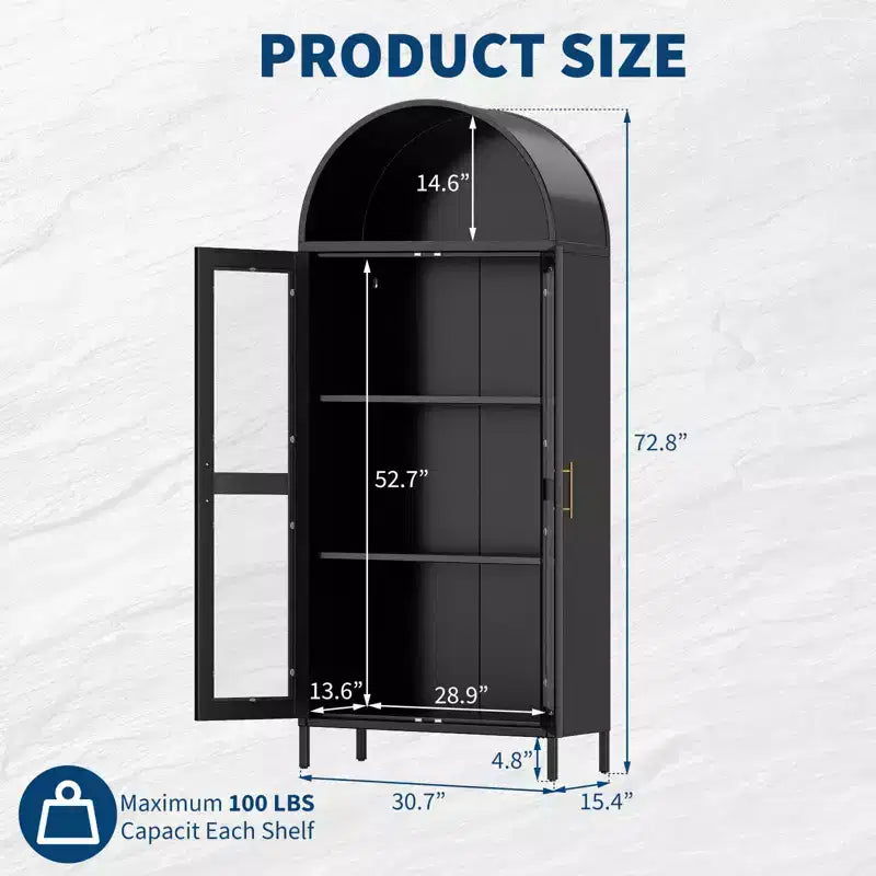 73" Meuble de rangement arqué en métal avec portes vitrées – Noir / Blanc, Simple