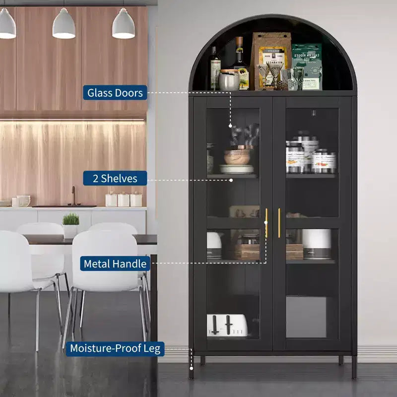 73" Meuble de rangement arqué en métal avec portes vitrées – Noir / Blanc, Simple