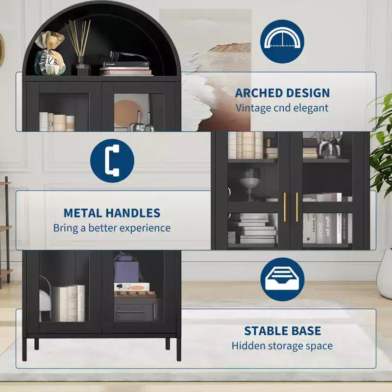 73" Meuble de rangement arqué en métal avec portes vitrées – Noir / Blanc, Simple