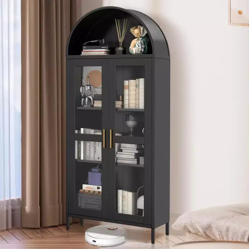 73" Meuble de rangement arqué en métal avec portes vitrées – Noir / Blanc, Simple