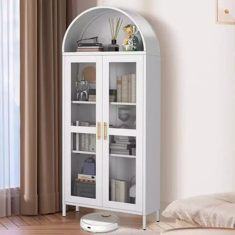 73" Meuble de rangement arqué en métal avec portes vitrées – Noir / Blanc, Simple