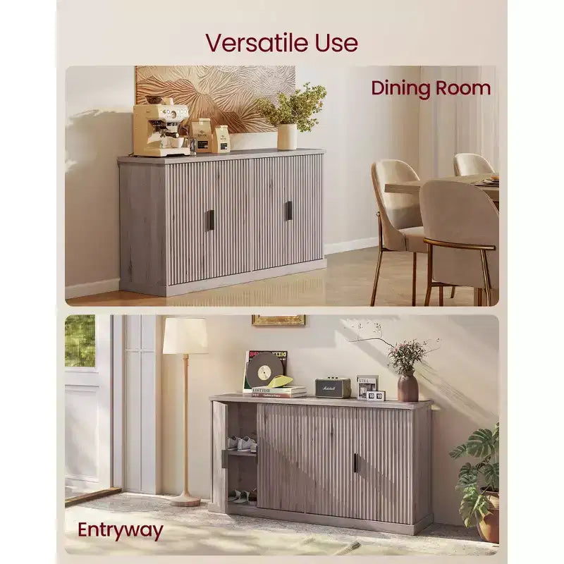 Buffet 4 portes cannelé – Chêne Beige / Gris Lavé