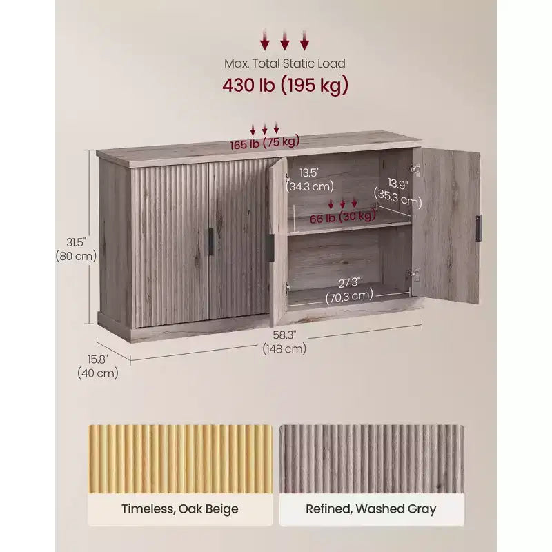 Buffet 4 portes cannelé – Chêne Beige / Gris Lavé