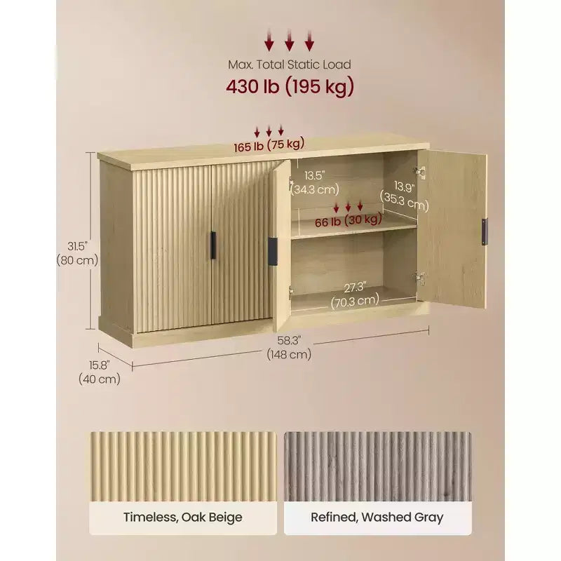 Buffet 4 portes cannelé – Chêne Beige / Gris Lavé