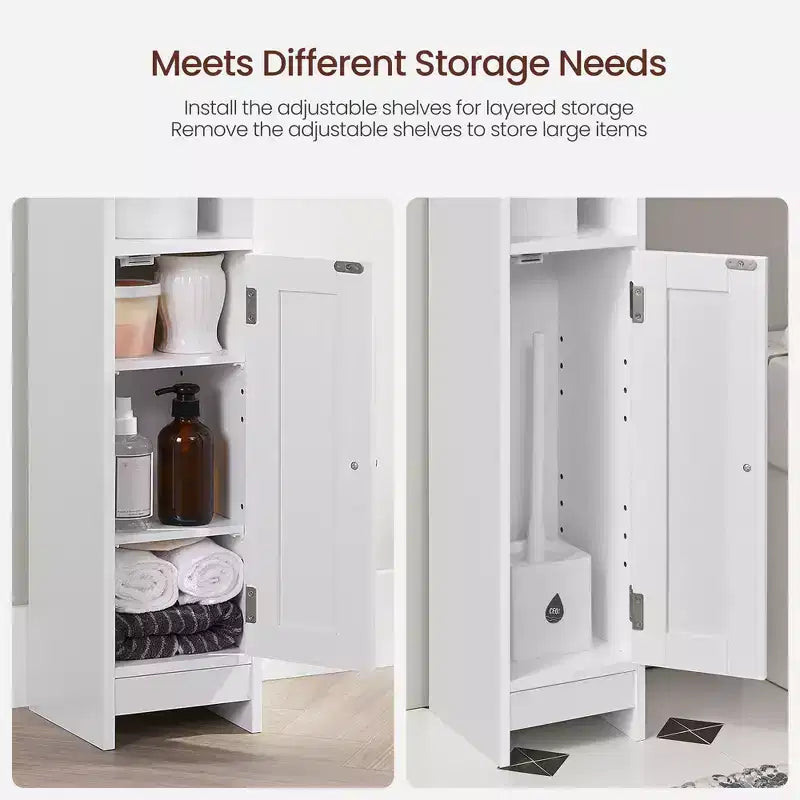 Meuble bas de salle de bain autoportant étroit en gris tourterelle/blanc avec porte, 4 étagères, usage individuel