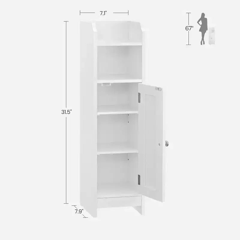 Meuble bas de salle de bain autoportant étroit en gris tourterelle/blanc avec porte, 4 étagères, usage individuel