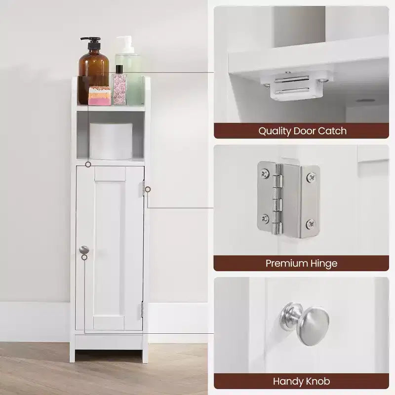 Meuble bas de salle de bain autoportant étroit en gris tourterelle/blanc avec porte, 4 étagères, usage individuel