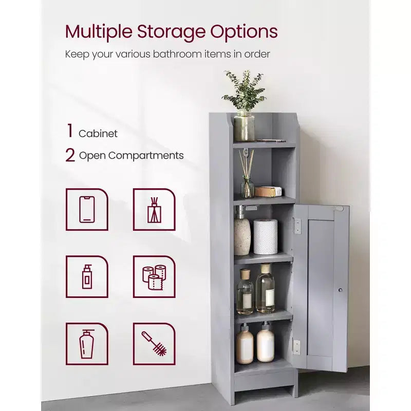 Meuble bas de salle de bain autoportant étroit en gris tourterelle/blanc avec porte, 4 étagères, usage individuel