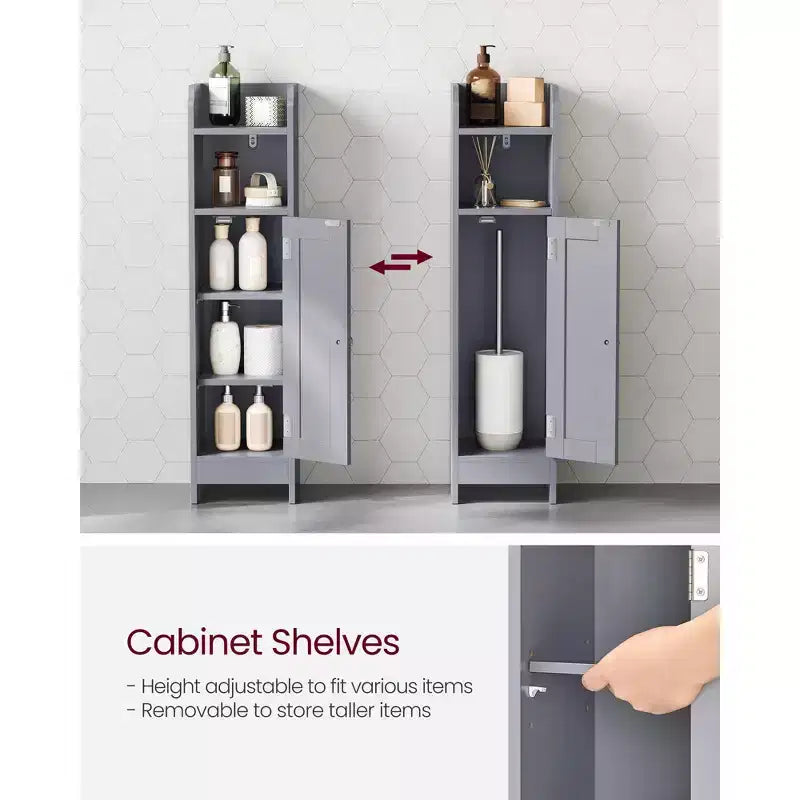 Meuble bas de salle de bain autoportant étroit en gris tourterelle/blanc avec porte, 4 étagères, usage individuel