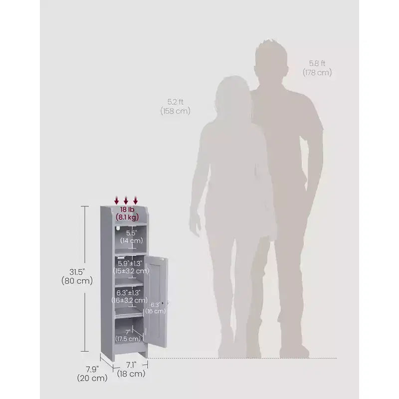 Meuble bas de salle de bain autoportant étroit en gris tourterelle/blanc avec porte, 4 étagères, usage individuel