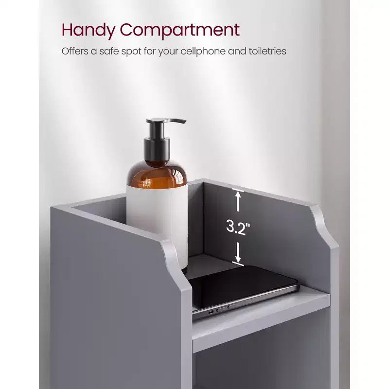 Meuble bas de salle de bain autoportant étroit en gris tourterelle/blanc avec porte, 4 étagères, usage individuel