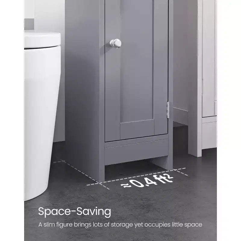 Meuble bas de salle de bain autoportant étroit en gris tourterelle/blanc avec porte, 4 étagères, usage individuel
