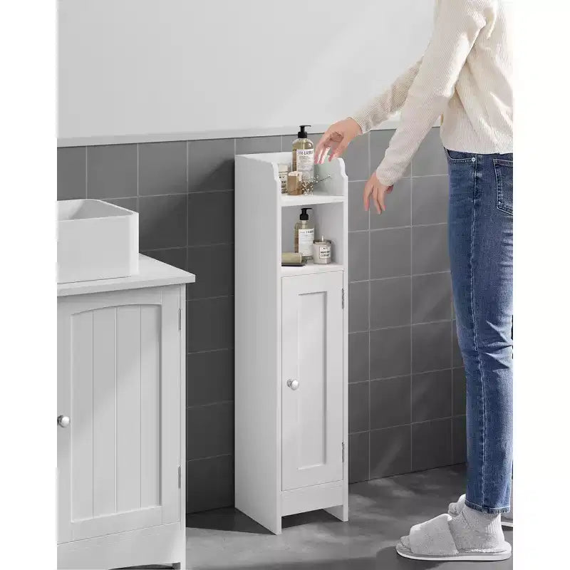 Meuble bas de salle de bain autoportant étroit en gris tourterelle/blanc avec porte, 4 étagères, usage individuel