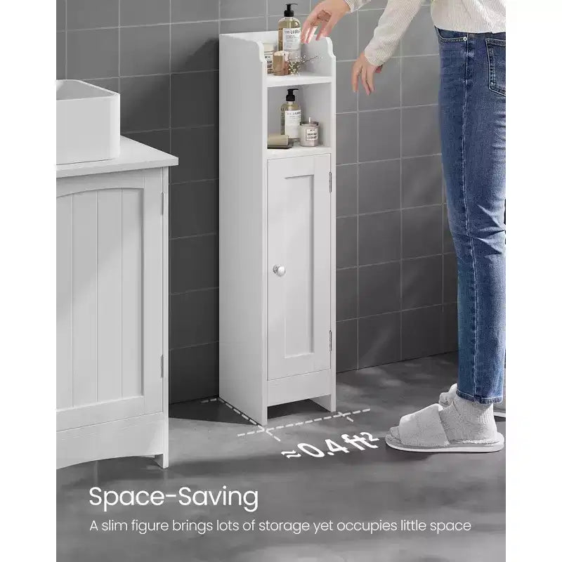 Meuble bas de salle de bain autoportant étroit en gris tourterelle/blanc avec porte, 4 étagères, usage individuel