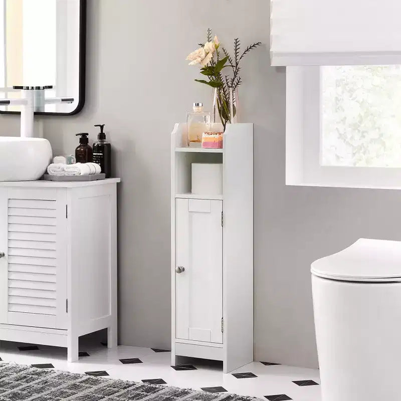 Meuble bas de salle de bain autoportant étroit en gris tourterelle/blanc avec porte, 4 étagères, usage individuel