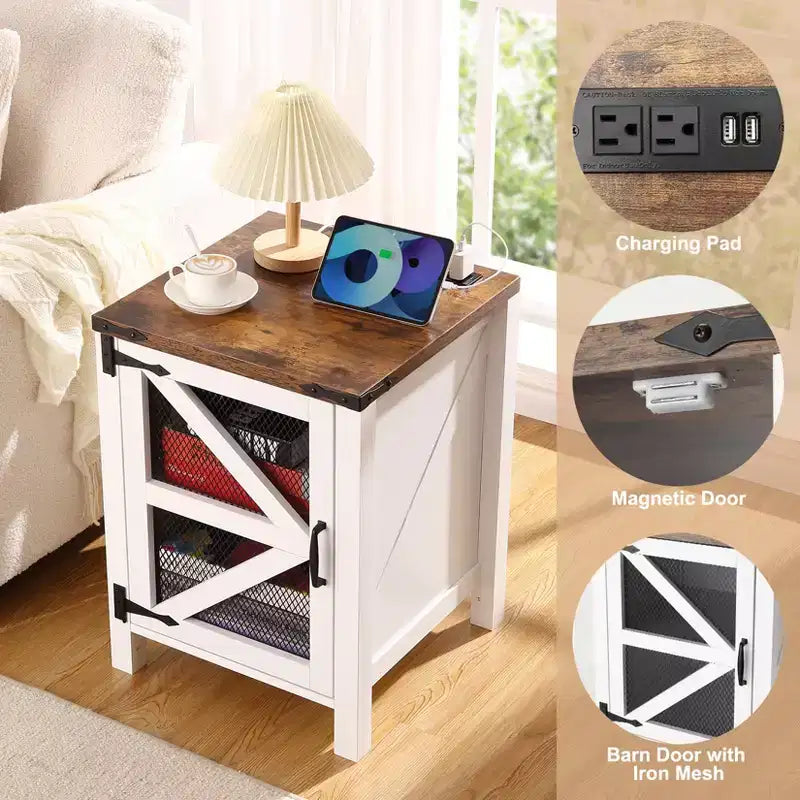 Table de chevet de style campagnard vintage en bois fumé et blanc – Modèle unique avec porte coulissante