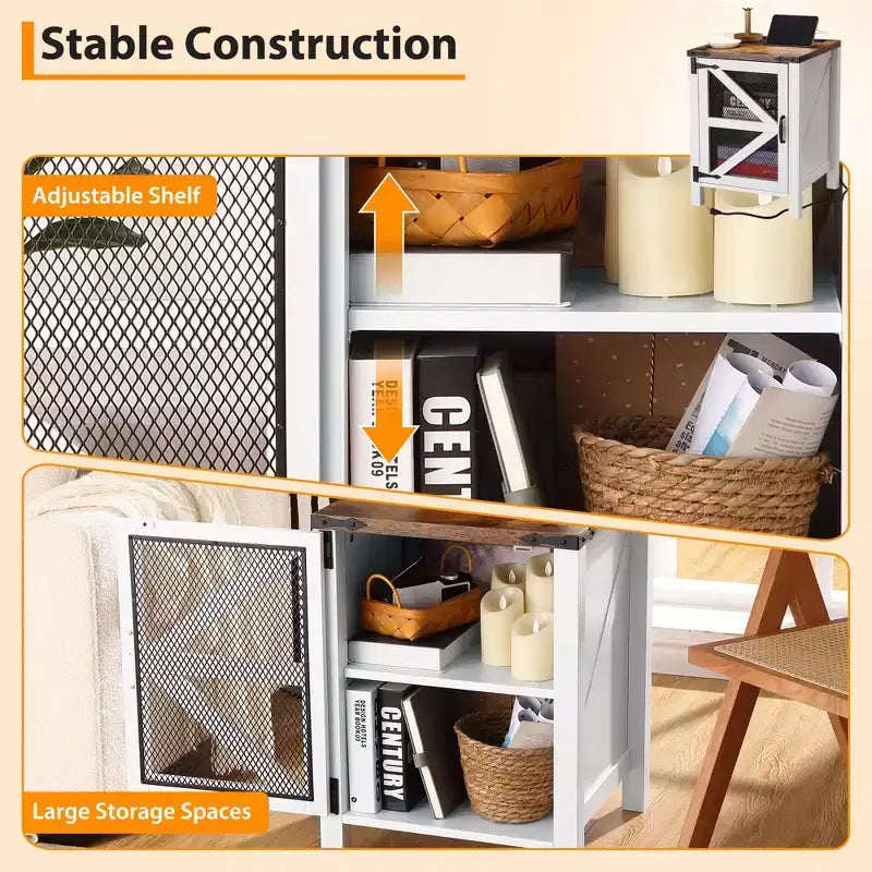 Table de chevet de style campagnard vintage en bois fumé et blanc – Modèle unique avec porte coulissante