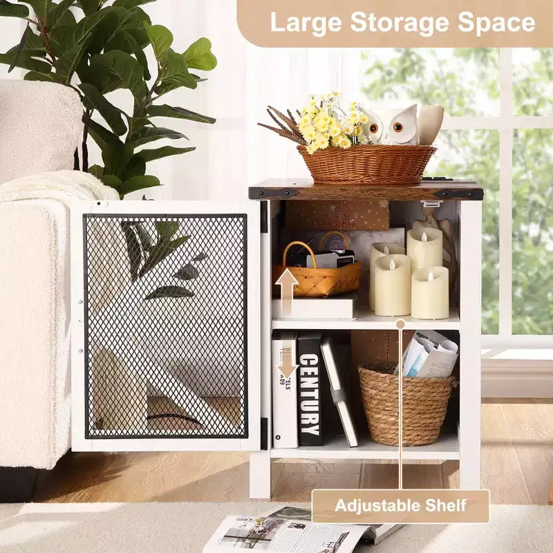 Table de chevet de style campagnard vintage en bois fumé et blanc – Modèle unique avec porte coulissante