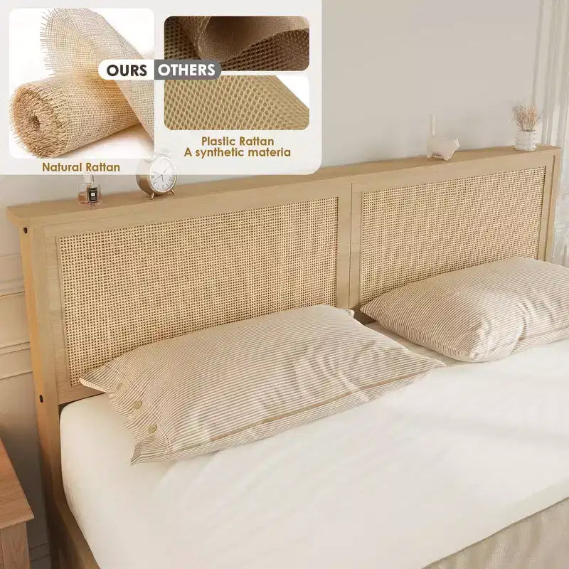 Cadre de lit en rotin naturel, taille double, 2 tiroirs de rangement, tête de lit bohème, pour 1 personne