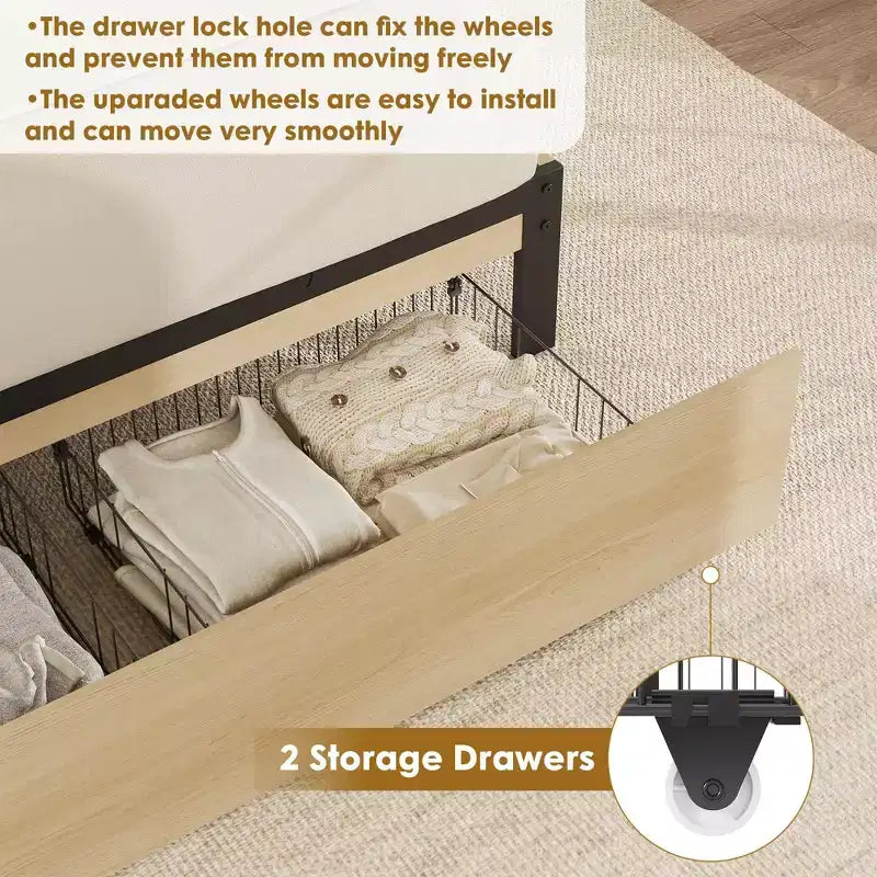 Cadre de lit en rotin naturel, taille double, 2 tiroirs de rangement, tête de lit bohème, pour 1 personne