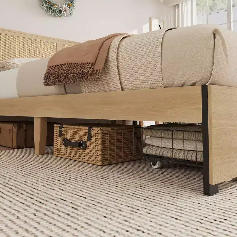 Cadre de lit en rotin naturel, taille double, 2 tiroirs de rangement, tête de lit bohème, pour 1 personne