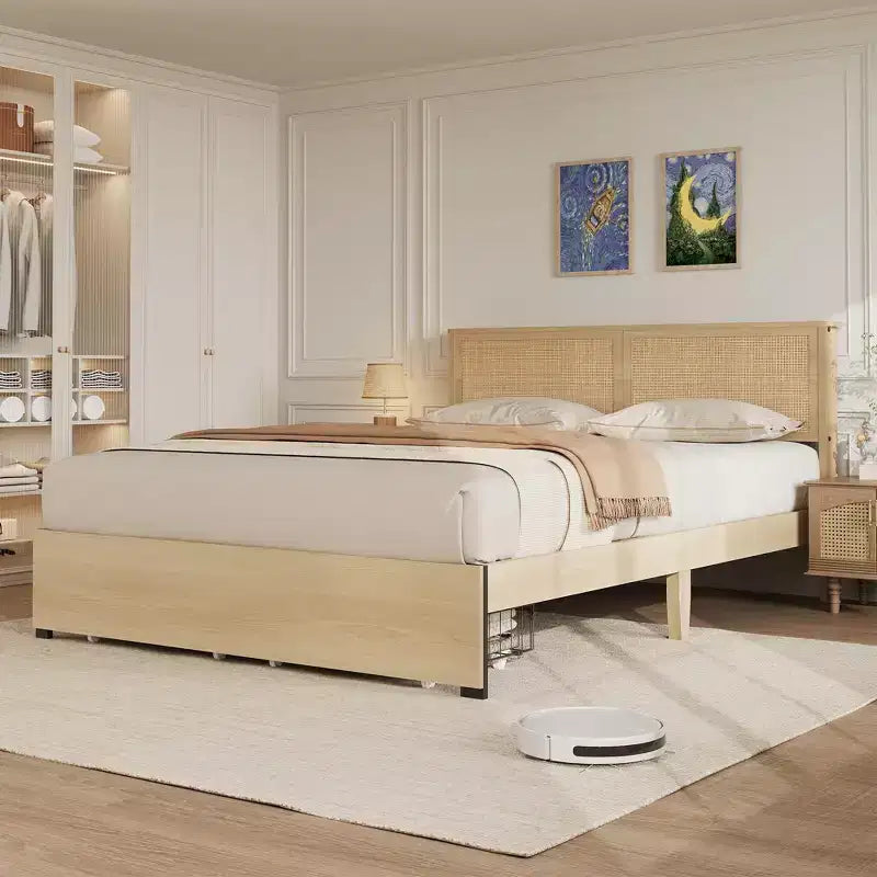 Cadre de lit en rotin naturel, taille double, 2 tiroirs de rangement, tête de lit bohème, pour 1 personne