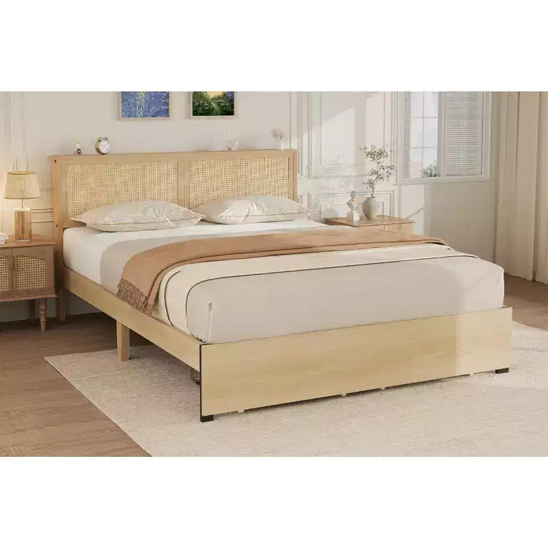 Cadre de lit en rotin naturel, taille double, 2 tiroirs de rangement, tête de lit bohème, pour 1 personne