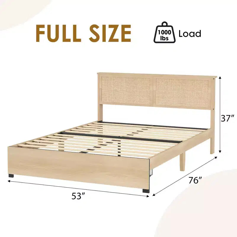 Cadre de lit en rotin naturel, taille double, 2 tiroirs de rangement, tête de lit bohème, pour 1 personne