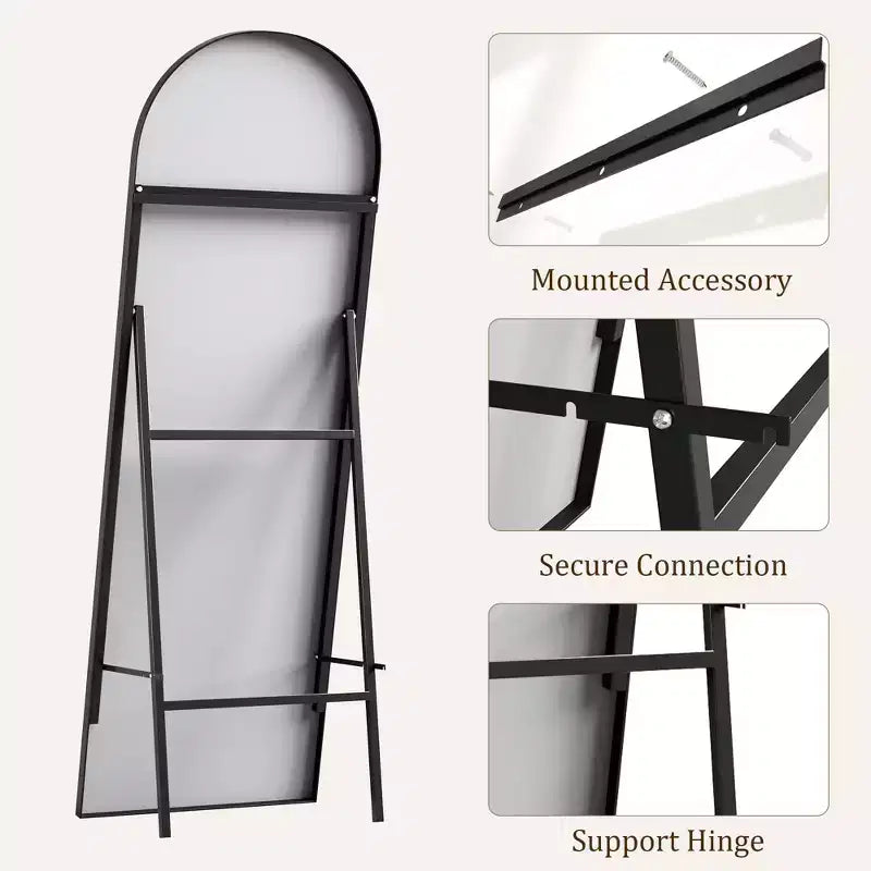 Miroir plein pied arche noir 65" – Autonome / Mural / Inclinable, 1 personne