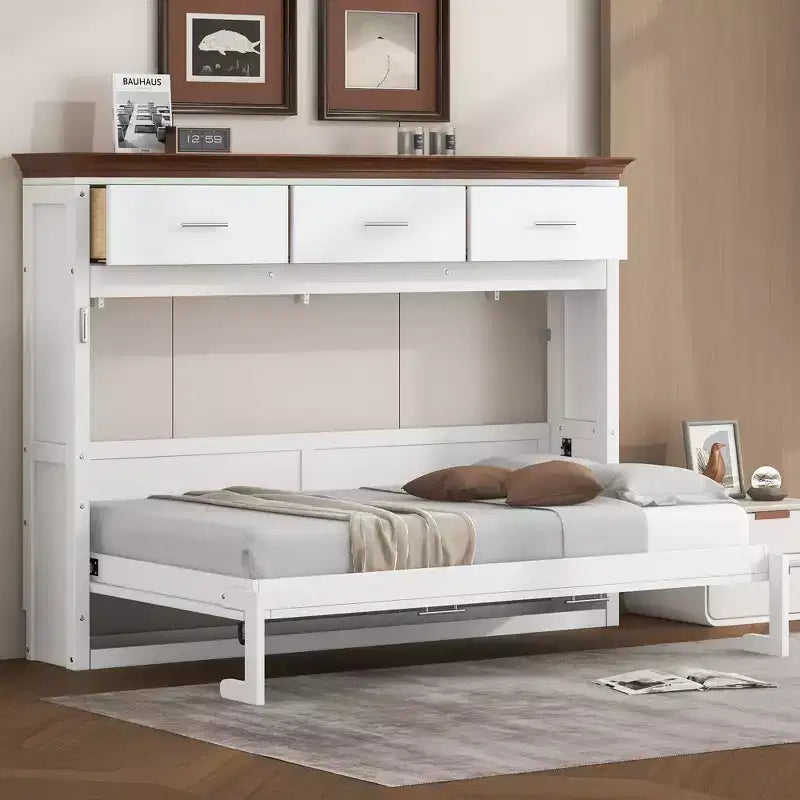 Lit escamotable double blanc avec 3 tiroirs, armoire pliable, 1 personne