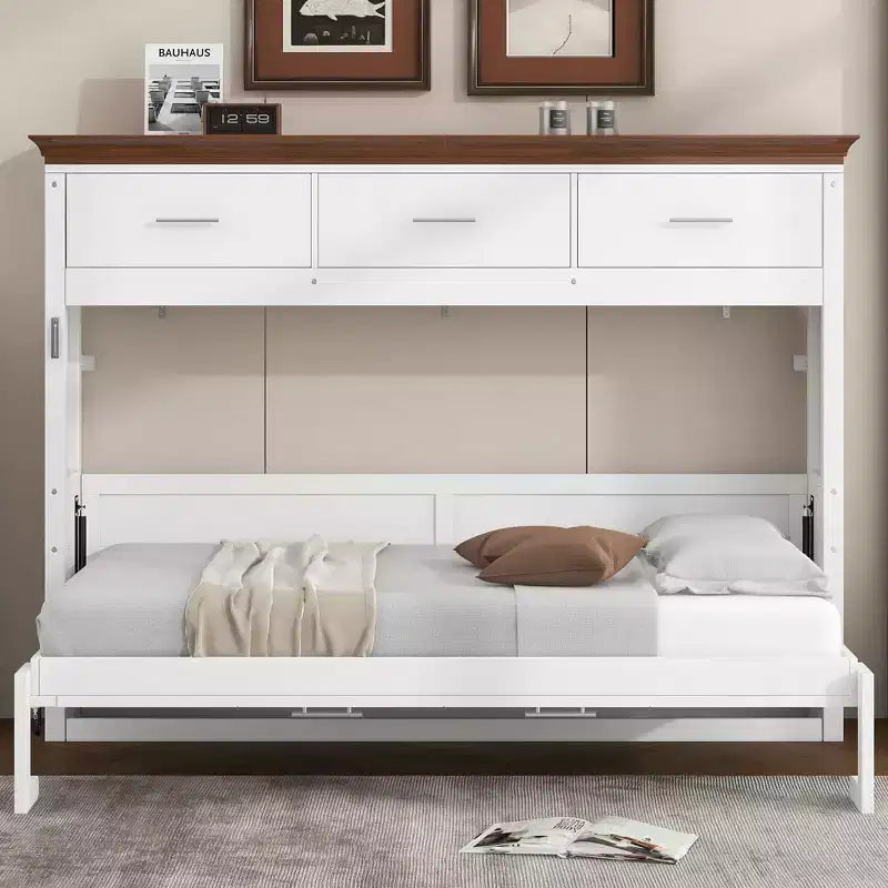 Lit escamotable double blanc avec 3 tiroirs, armoire pliable, 1 personne