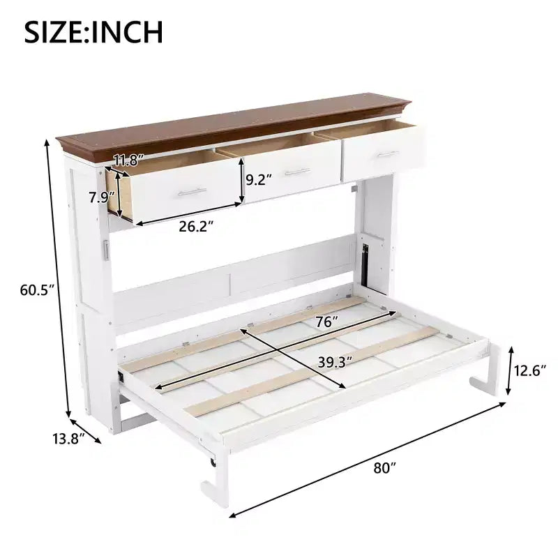Lit escamotable double blanc avec 3 tiroirs, armoire pliable, 1 personne