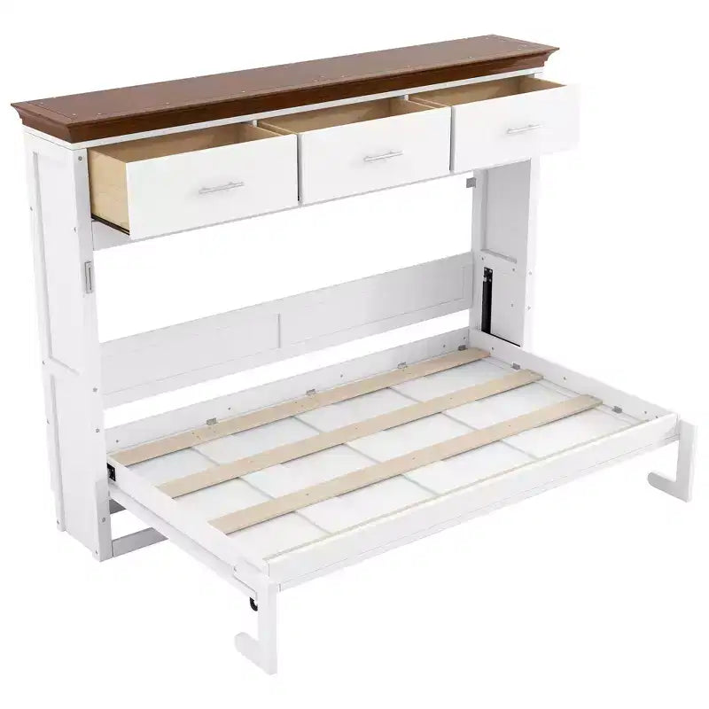 Lit escamotable double blanc avec 3 tiroirs, armoire pliable, 1 personne