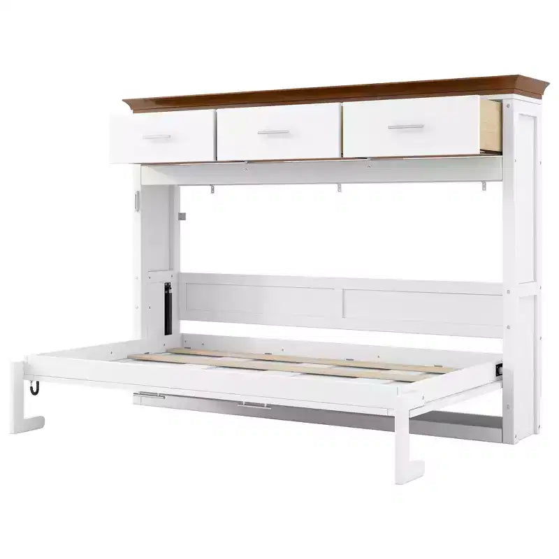 Lit escamotable double blanc avec 3 tiroirs, armoire pliable, 1 personne