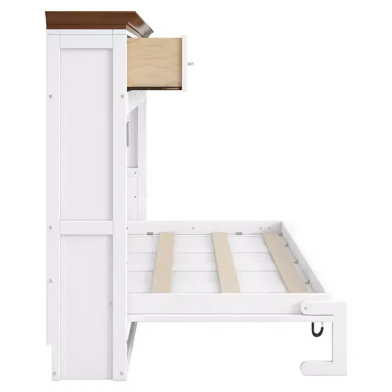 Lit escamotable double blanc avec 3 tiroirs, armoire pliable, 1 personne