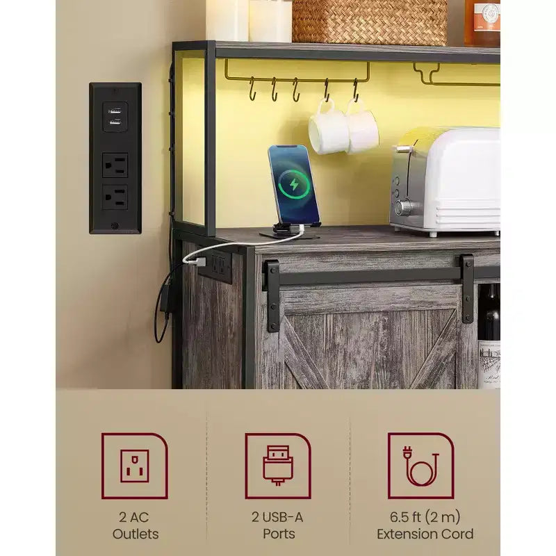 Meuble bar à café Honey Brown avec lumière LED, portes coulissantes de style grange et rangement pour le vin, pour 1