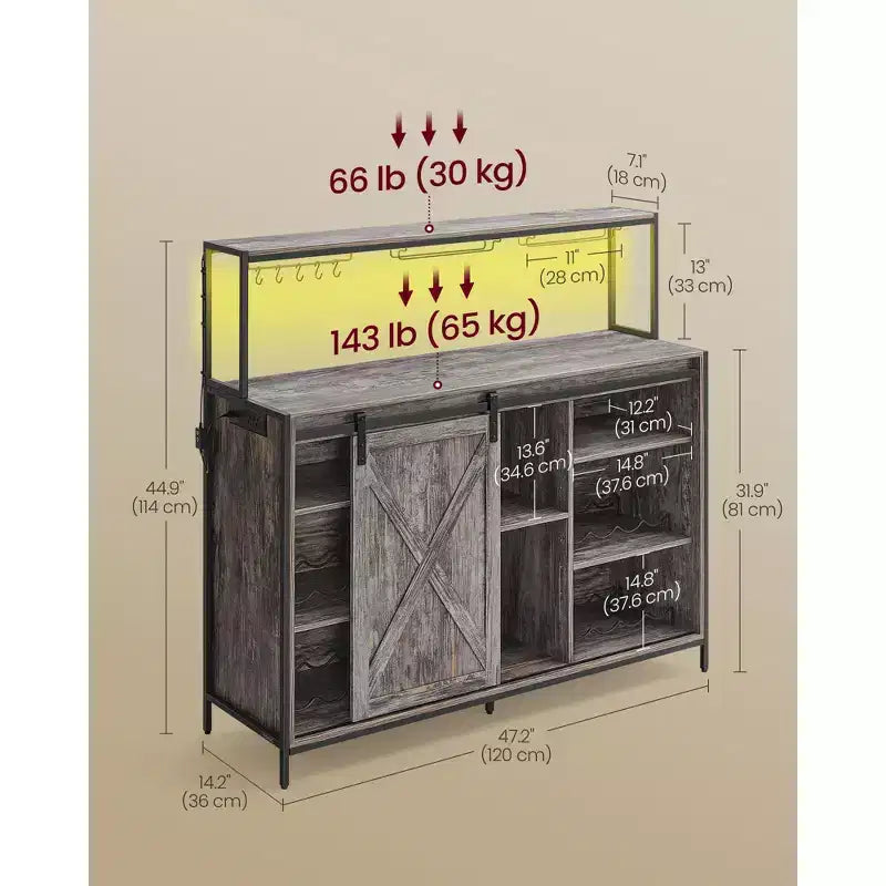 Meuble bar à café Honey Brown avec lumière LED, portes coulissantes de style grange et rangement pour le vin, pour 1
