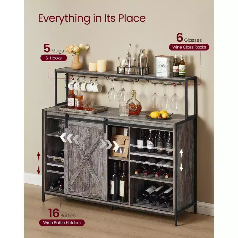 Meuble bar à café Honey Brown avec lumière LED, portes coulissantes de style grange et rangement pour le vin, pour 1