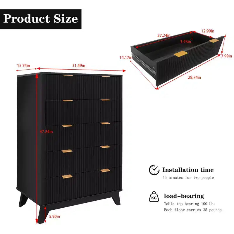 Commode 5 tiroirs cannelée Chêne & Noir – 122 cm de hauteur, 1 personne