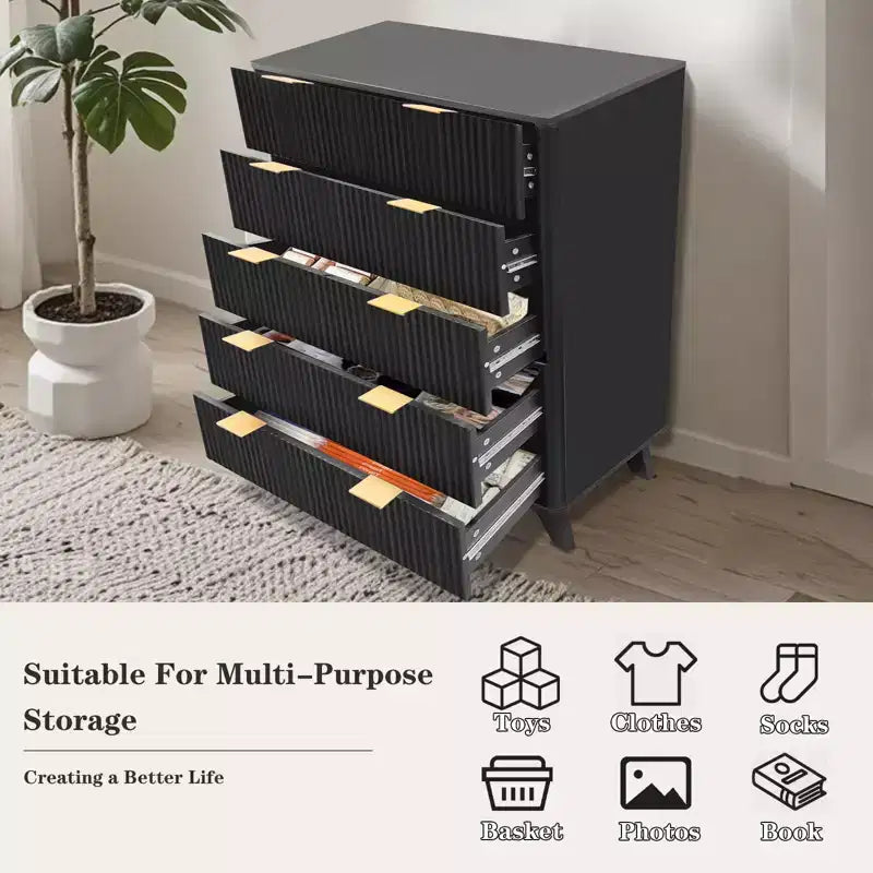 Commode 5 tiroirs cannelée Chêne & Noir – 122 cm de hauteur, 1 personne