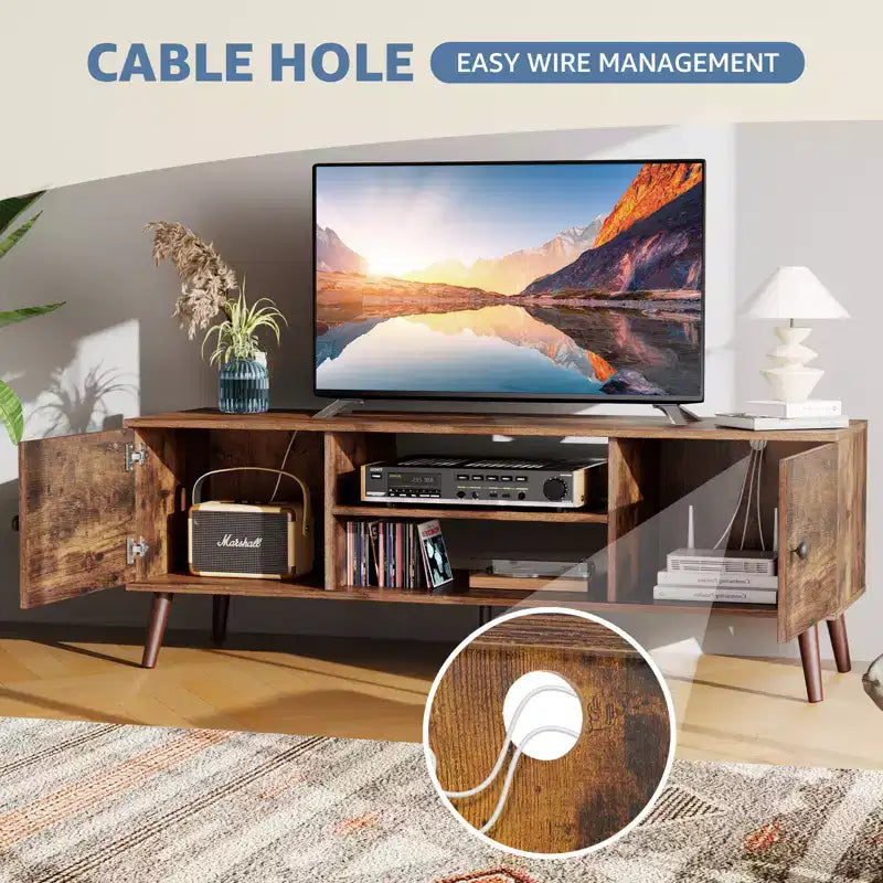 Meuble TV moderne noir/marron pour téléviseurs de 55 à 60 po, étagères ouvertes, assemblage par 1 personne
