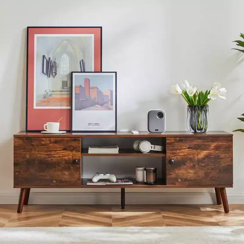 Meuble TV moderne noir/marron pour téléviseurs de 55 à 60 po, étagères ouvertes, assemblage par 1 personne